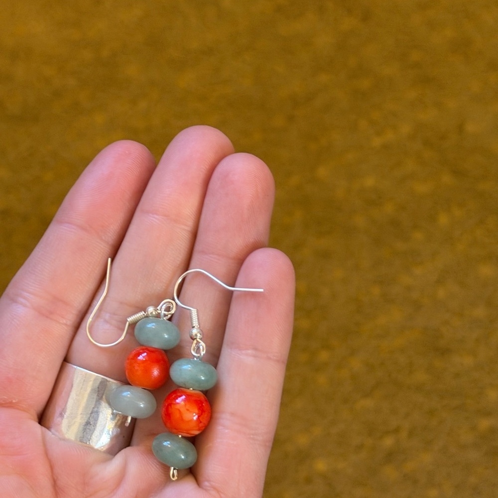Handmade Green and Orange Beaded Drop Earrings